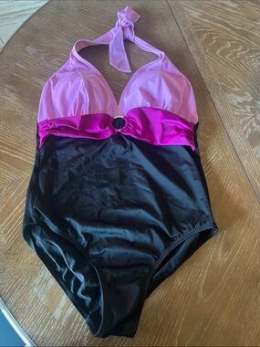 Chadwicks Black and Pink Halter One-Piece Swimsuit with Ring Detail